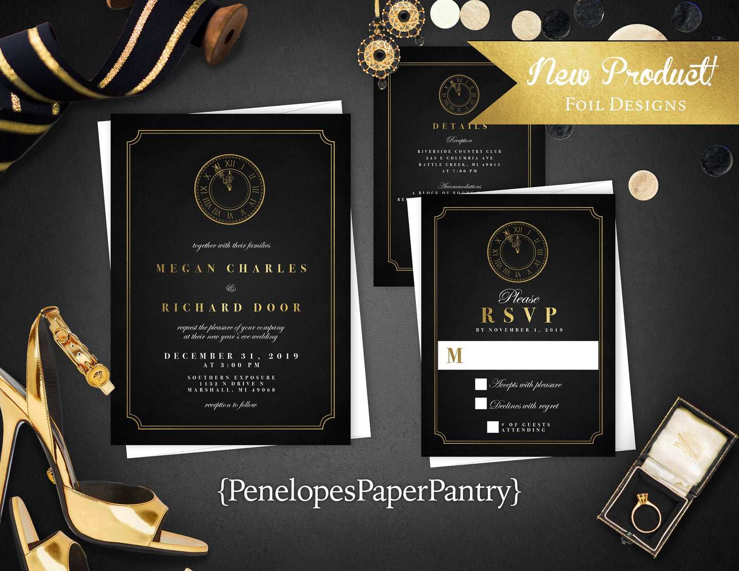 Elegant New Year’s Eve Wedding Invitation – Black & Gold Clock – Gold Foil Printed Invite with Envelopes Included