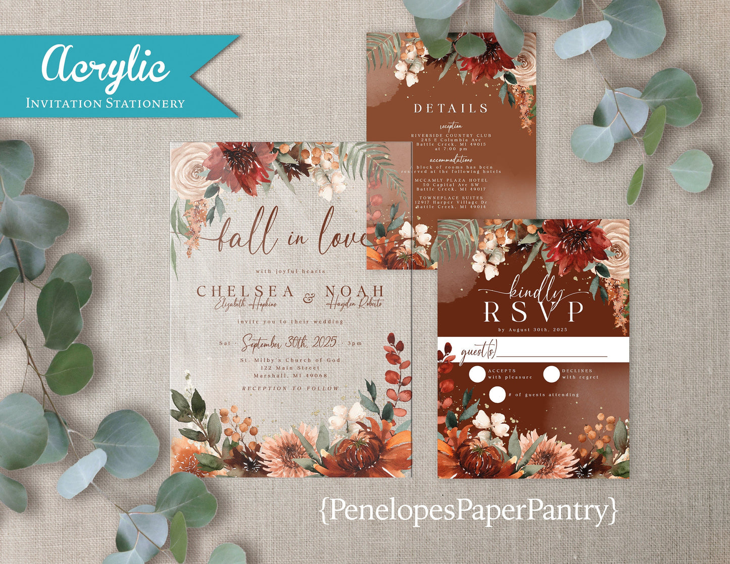 Acrylic Wedding Invitation,Fall Wedding Invite,Fall In Love,Terracotta,Burnt Orange,Calligraphy,Fall Floral,Personalize,Envelope,Printed,5x7