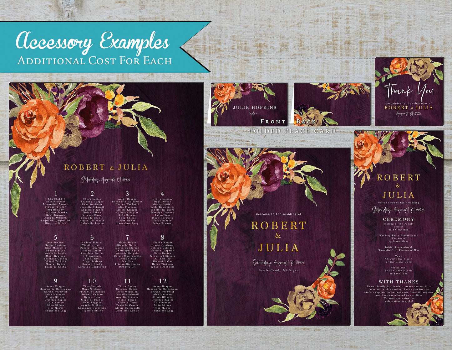 Rustic Fall Wedding Invitation – Purple, Burnt Orange & Gold Florals – Personalized Shimmery Printed Invite with Barn Wood Background & Envelopes