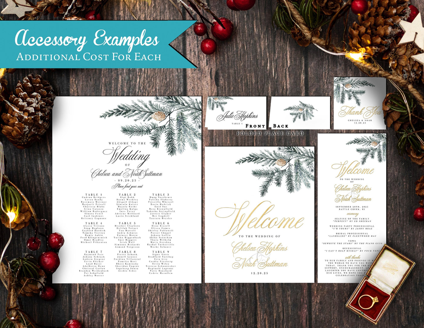 Elegant Winter Wedding Invitation – Evergreen Pine Cone Design, Gold Calligraphy, Shimmery Printed, Custom Text, Envelopes Included