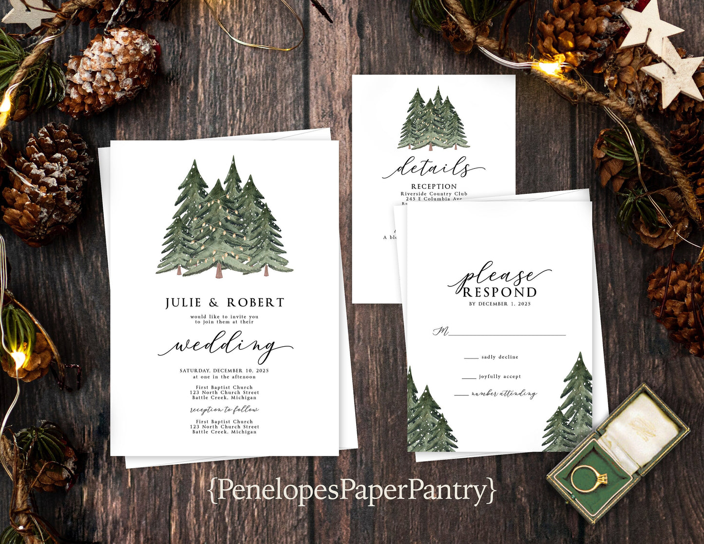 Minimalist Winter Wedding Invitation – Snow-Covered Pine Trees, Christmas Lights, Dark Green Calligraphy, Custom Printed with Envelopes Included