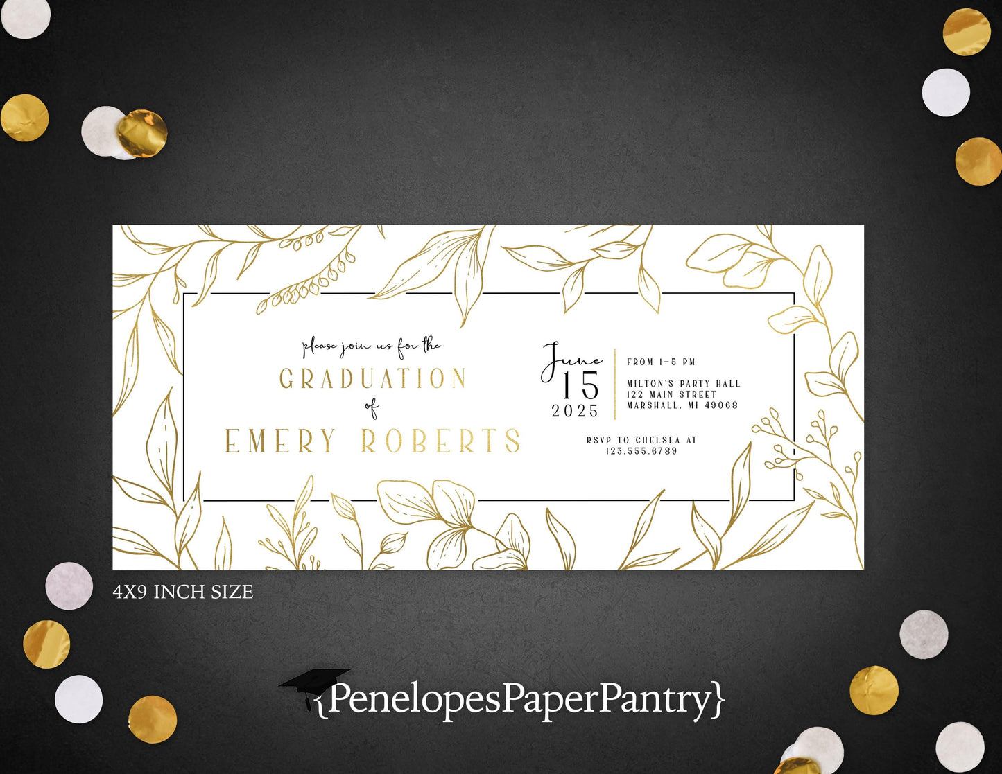 Gold Foil Floral Frame Graduation Open House or Ceremony Invitation