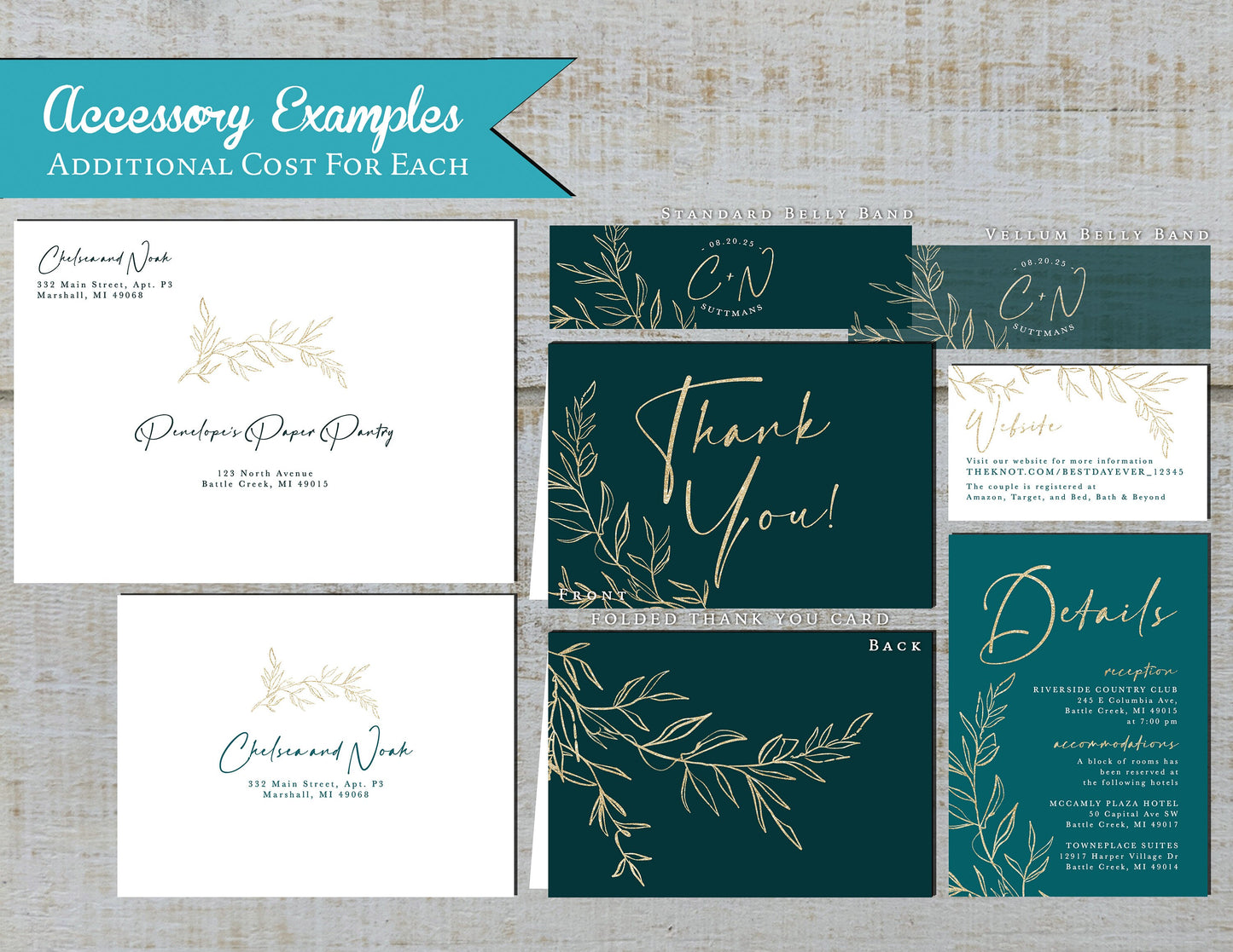 Teal Fall Wedding Photo Invitation – Gold Calligraphy & Shimmery Finish – Personalized Printed Card with Envelopes Included