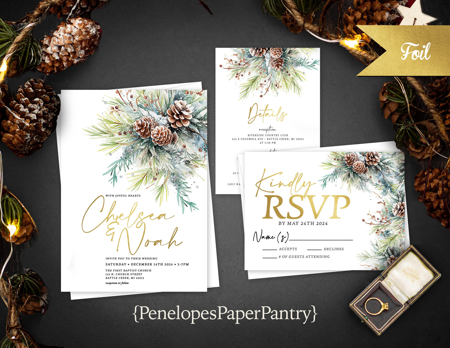 Fancy Winter Wedding Invitation – Pine Branches, Pine Cones, Gold Foil Calligraphy, Custom Printed with Envelopes Included