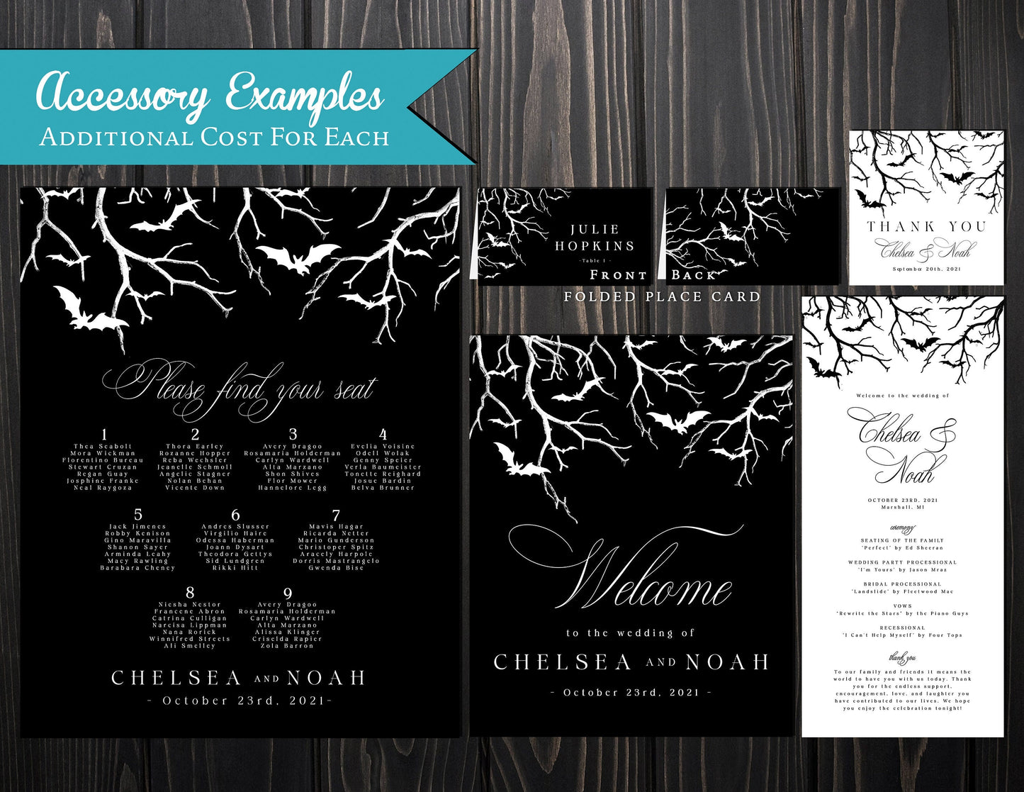 Personalized Halloween Wedding Invitation – Gothic Haunted Forest Design with Bats & Envelopes