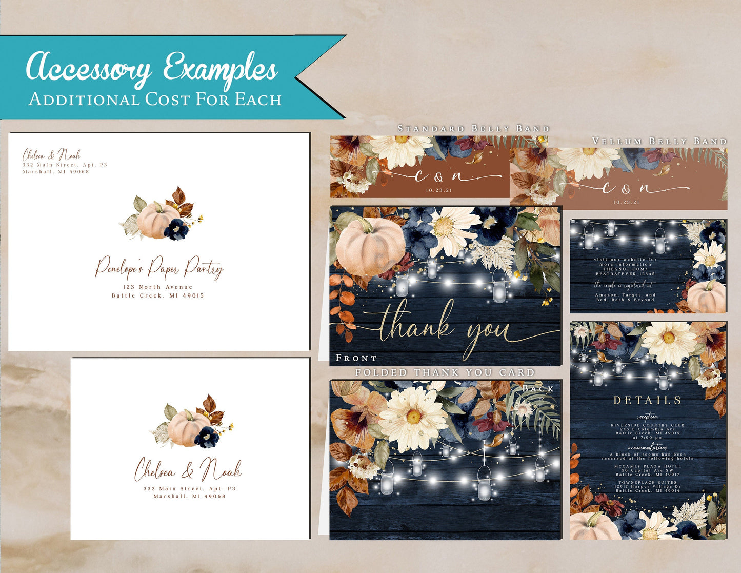 Rustic Fall Wedding Invitation – Personalized Navy & Barn Wood Design with Rust, White Pumpkins & Gold Shimmer – Printed with Envelopes Included