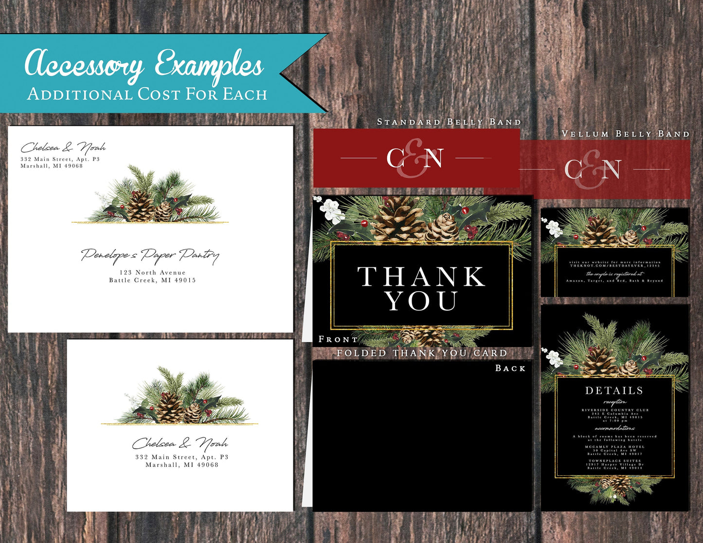 Elegant Rustic Winter Wedding Invitation – Pine Branches & Gold – Shimmery Black Custom Printed Invite with Envelopes