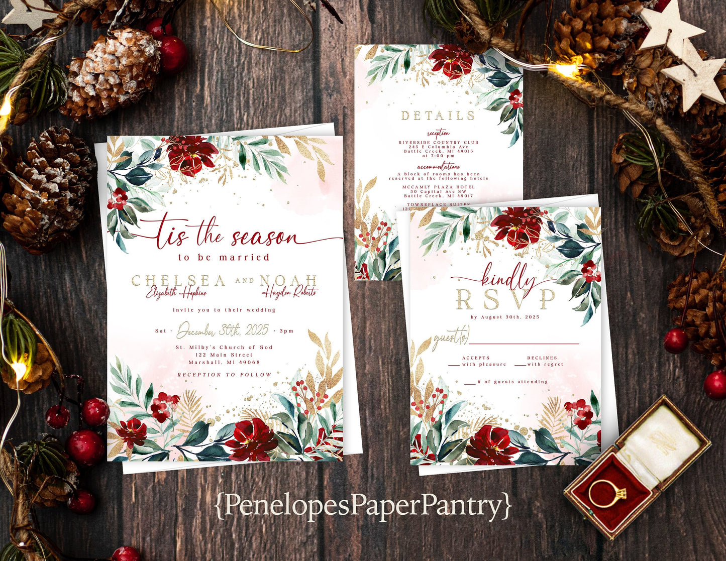 Elegant Floral Christmas Wedding Invitation – Red, Green & Gold, “Tis The Season To Be Married”, Shimmery Custom Printed with Envelopes Included