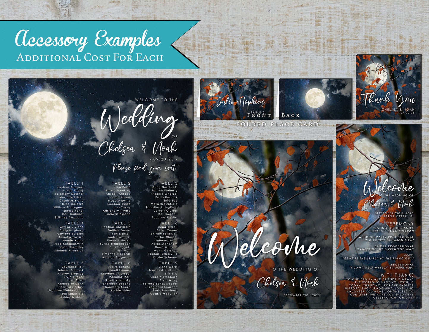 Rustic Fall Wedding Invitation – Full Moon Night Sky, Oak Tree & Burnt Orange Leaves – Romantic Personalized Printed Invitations with Envelopes Included