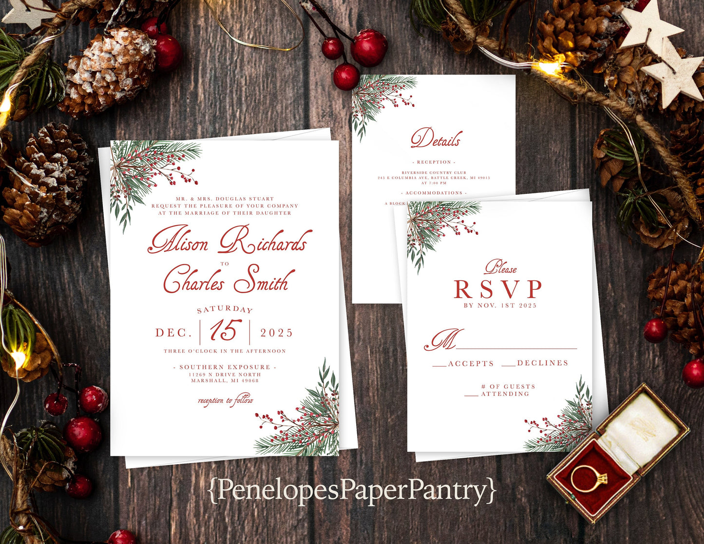 Simple Elegant Christmas Wedding Invitation – Green & Red Calligraphy, Shimmery Custom Text, Printed with Envelopes Included