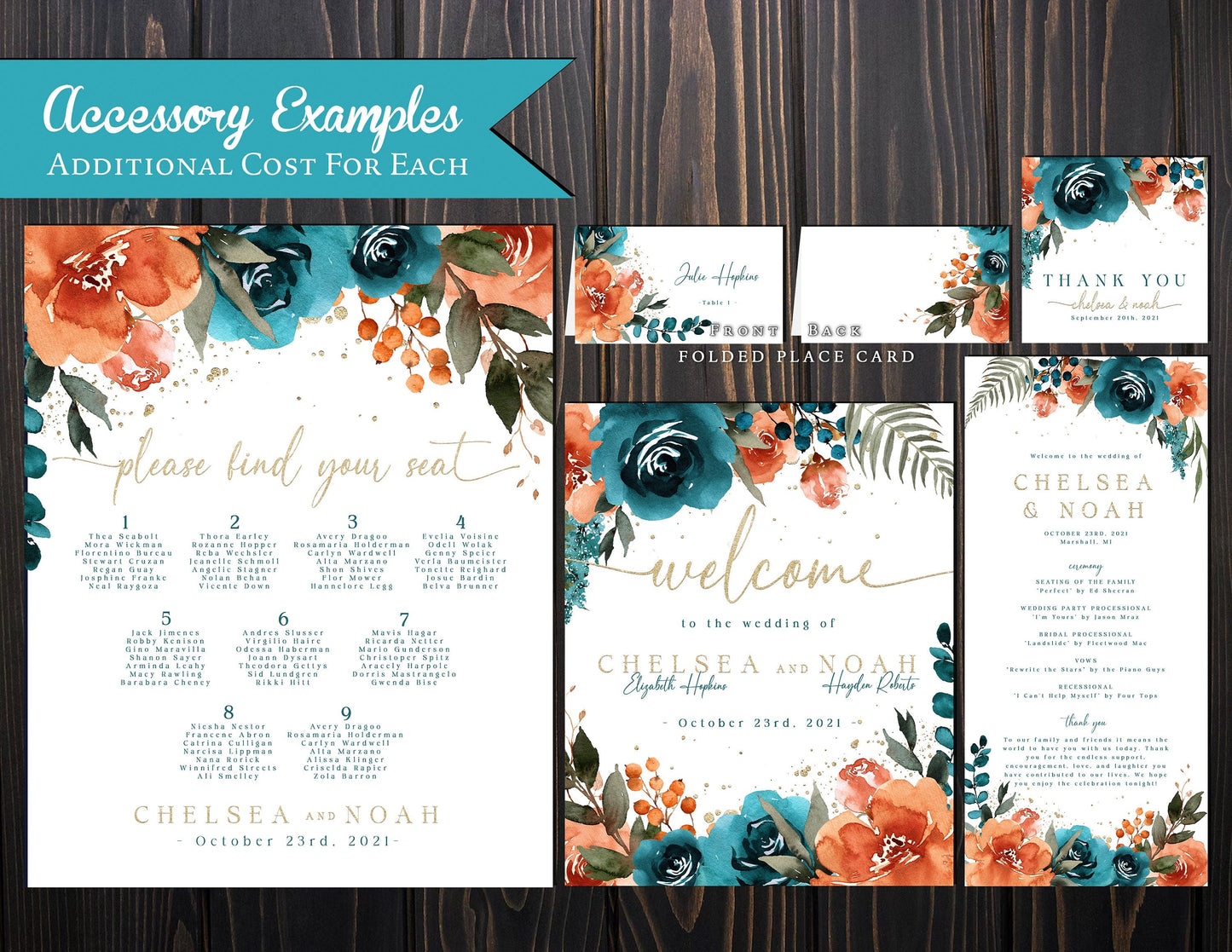 Elegant Floral Fall Wedding Invitation – Teal & Burnt Orange Roses – Fall In Love Calligraphy Printed Invite with Envelopes