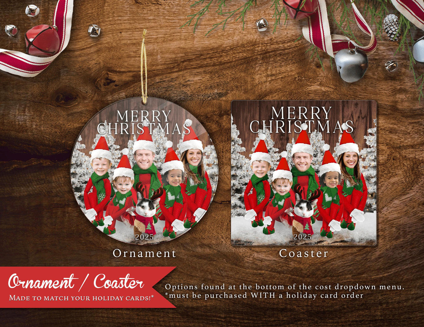 Personalized Funny Moose Lodge Christmas Family Photo Card with Barn Wood Design Envelopes