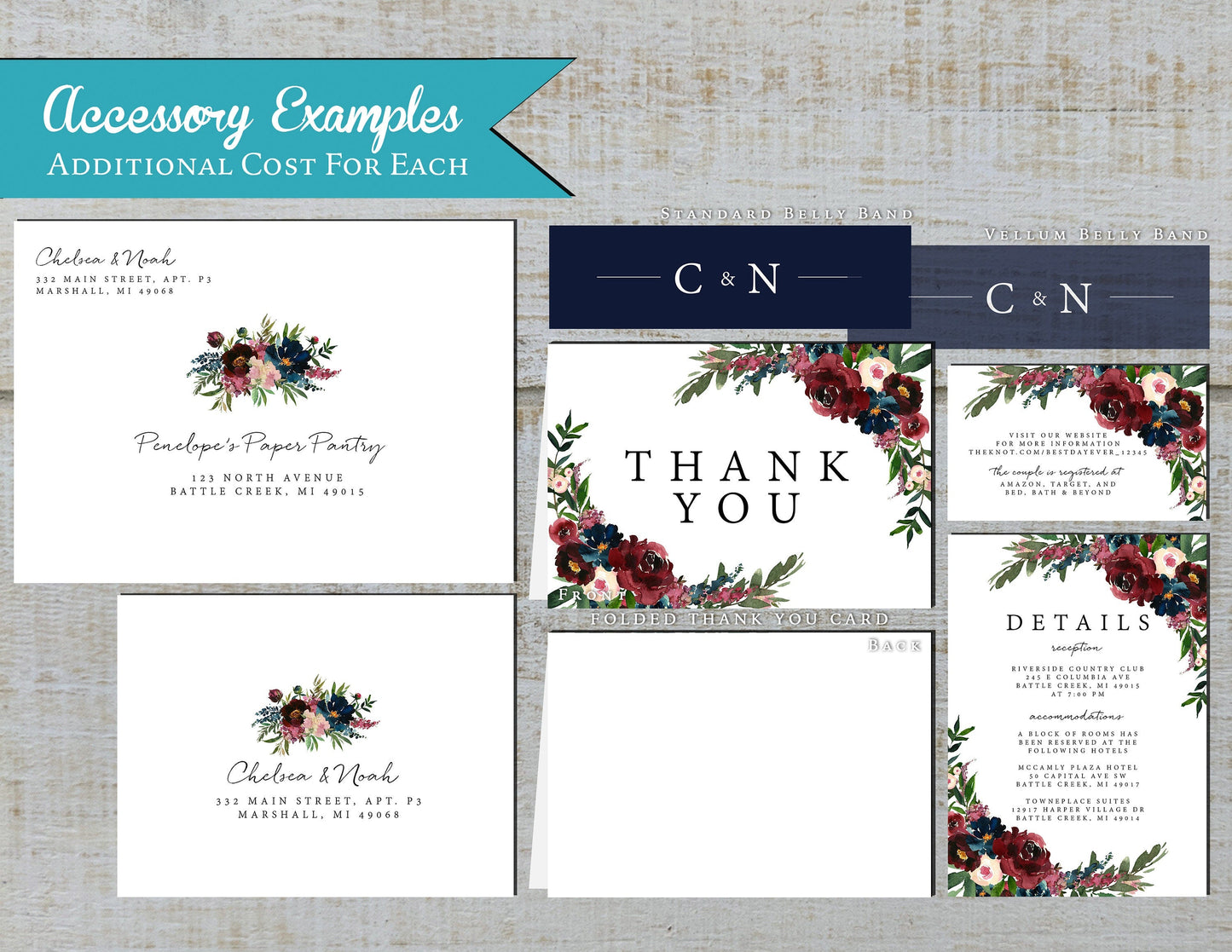 Elegant Floral Fall Wedding Invitation – Navy & Burgundy Roses – Shimmery Personalized Invite with Envelopes & Optional RSVP