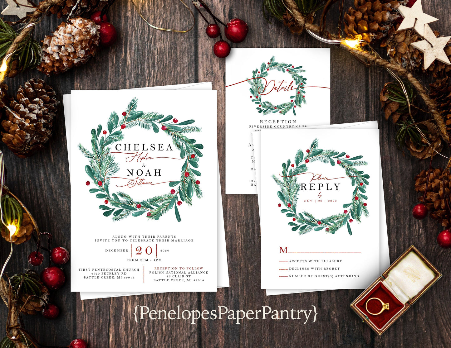 Romantic Christmas Wedding Invitation – Holiday Wreath, Green & Red Calligraphy, Shimmery Custom Printed with Envelopes Included