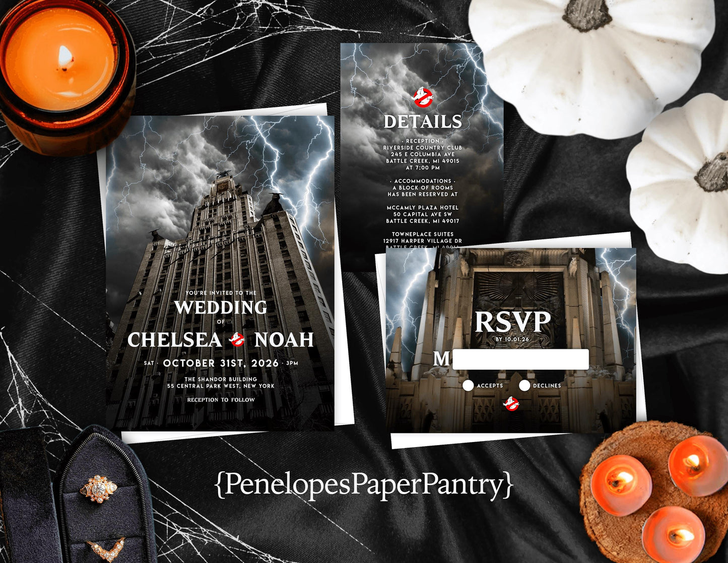Halloween Wedding Invitation – Ghostbusters-Inspired Spooky Design – Personalized Supernatural Printed Invite with Envelopes Included