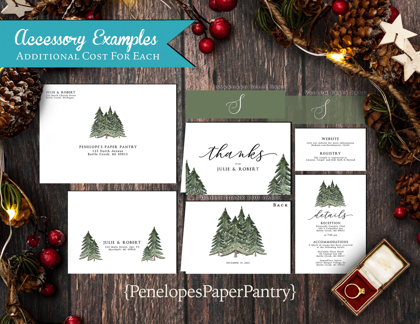 Minimalist Winter Wedding Invitation – Snow-Covered Pine Trees, Christmas Lights, Dark Green Calligraphy, Custom Printed with Envelopes Included