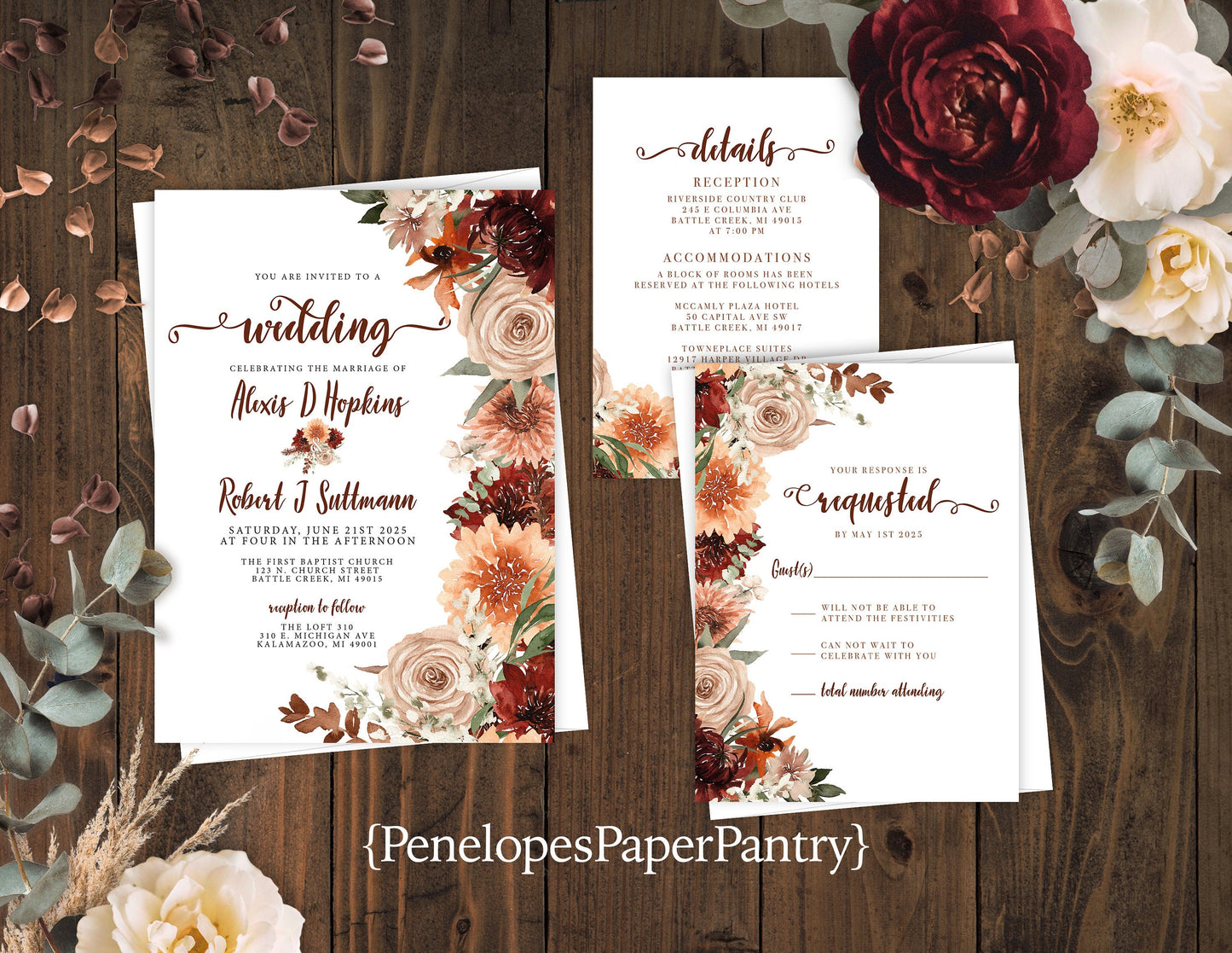 Terracotta Fall Wedding Invitation – Burnt Orange & Rust Florals – Personalized Romantic Printed Invite with Envelopes Included