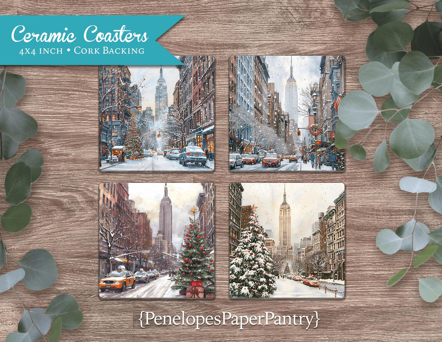 Winter city Street Set of 4 Ceramic Coasters with Cork Back
