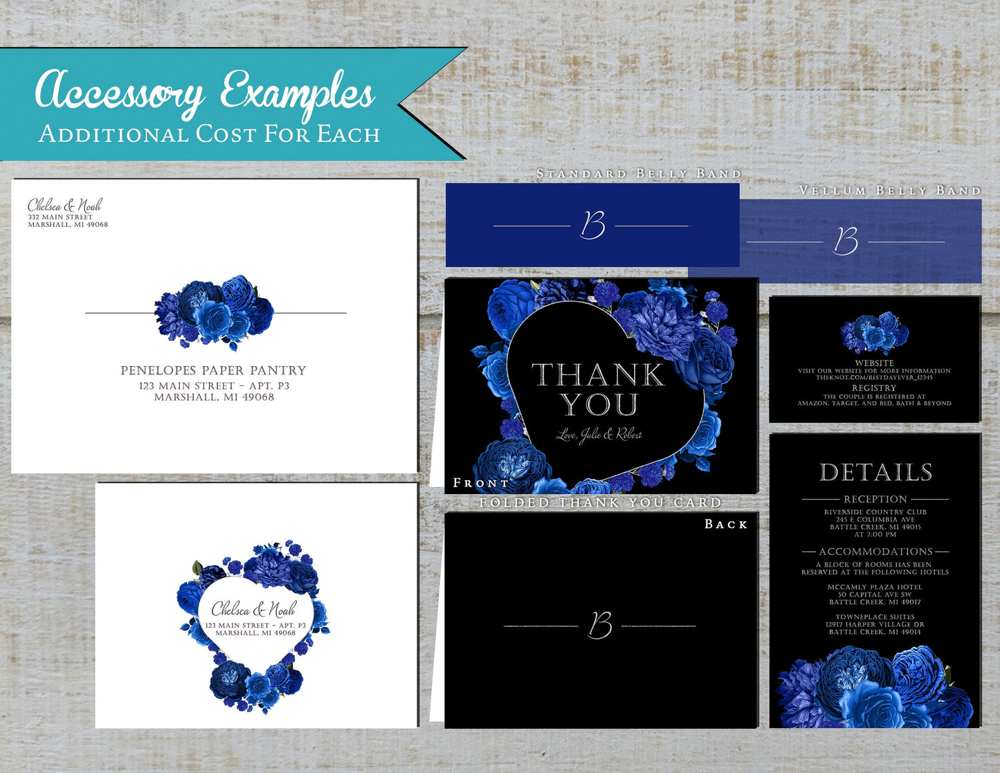 Elegant Royal Blue Rose Wedding Invitation Personalized Heart Wreath Royal Blue Black Silver Print Shimmery Printed Invitation With Envelope