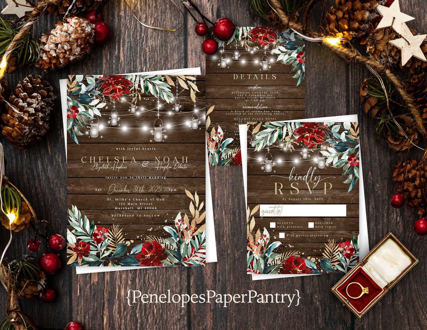 Rustic Winter Wedding Invitation – Barn Wood, Green & Red, Fairy Lights, Gold Print, Custom Printed with Envelopes Included