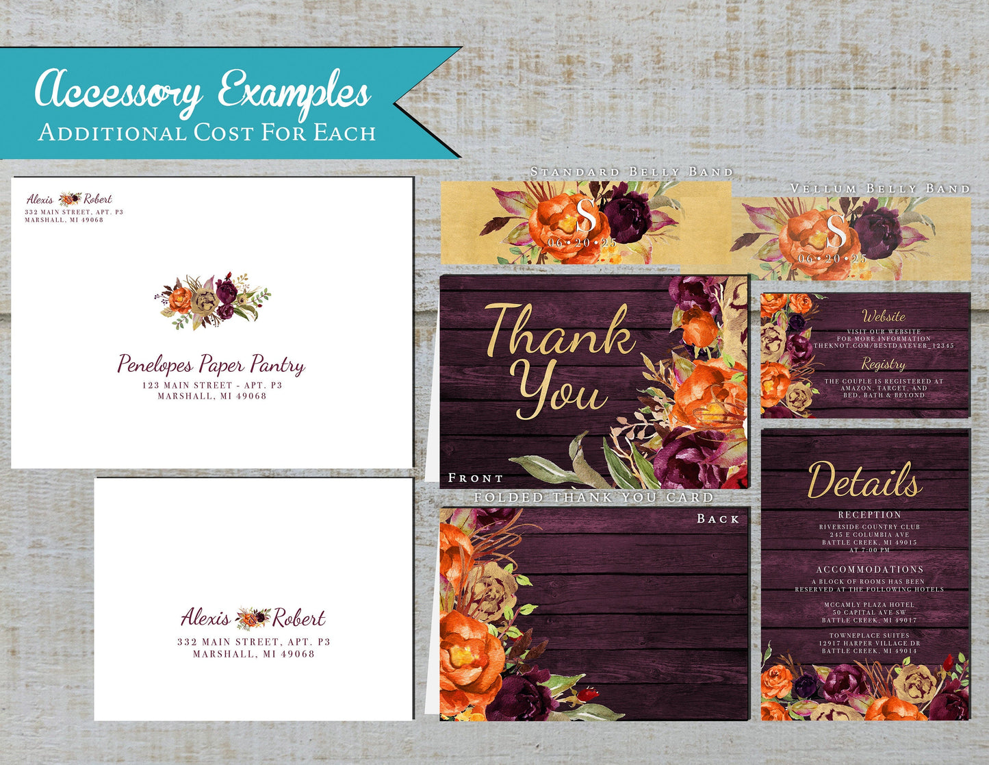 Rustic Purple & Orange Fall Wedding Invitation – Barn Wood, Burnt Orange Roses & Gold Print – Personalized Shimmery Printed Invitations with Envelopes