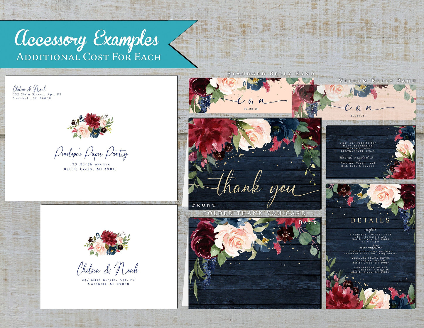 Rustic Navy Floral Fall Wedding Invitation – Burgundy Marsala Blush & Gold – Personalized Barn Wood Shimmery Printed Invite with Envelopes