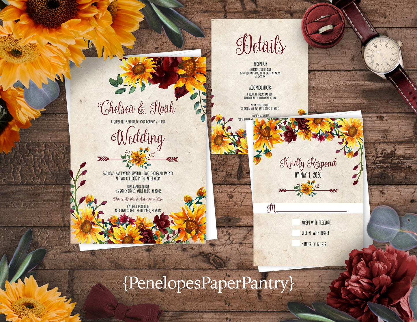 Rustic Sunflower Wedding Invitation – Parchment, Burgundy Roses & Floral Arrow – Personalized Calligraphy Printed Invitations with Envelopes