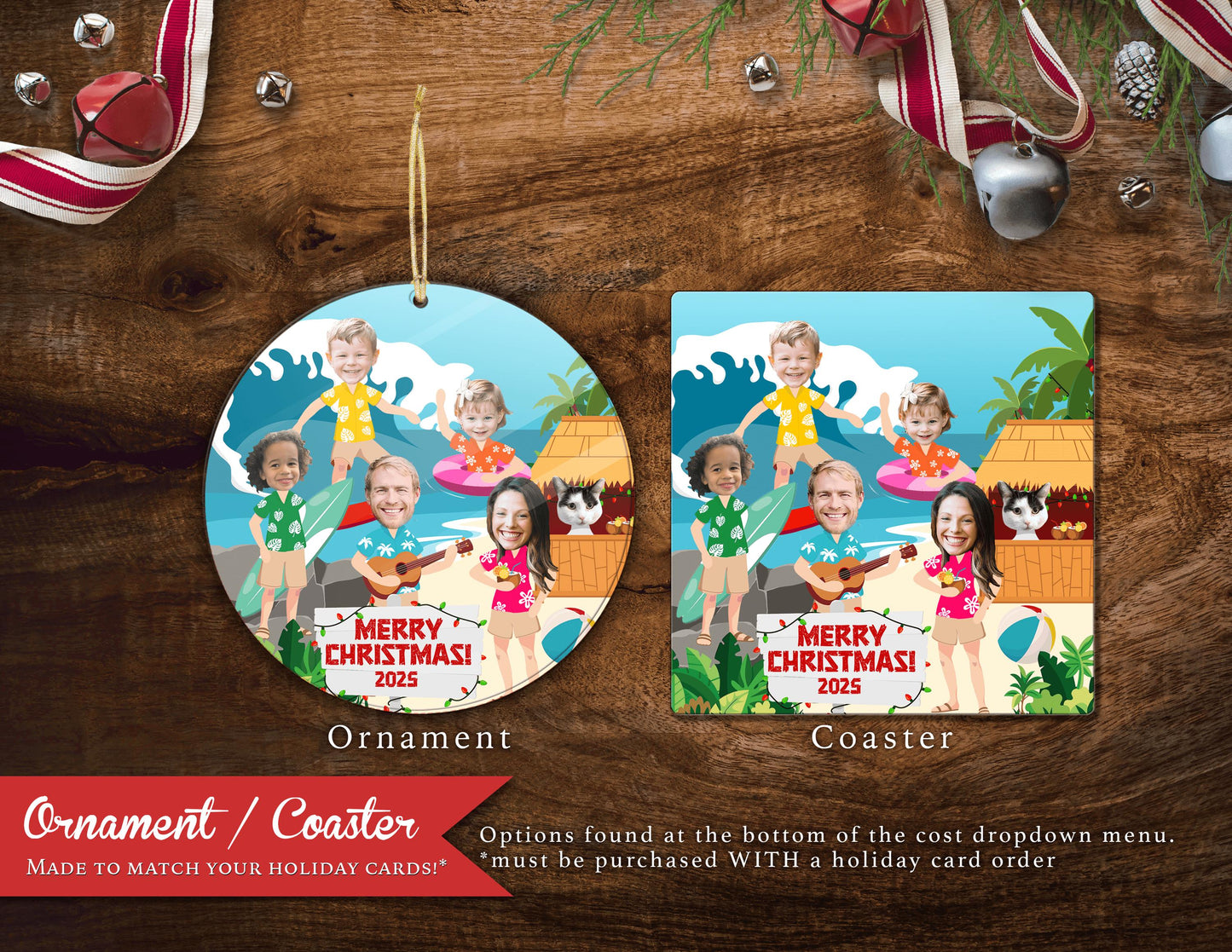 Personalized Tropical Christmas Photo Card - Surfing Palm Trees Double-Sided Print with Envelope Address Labels