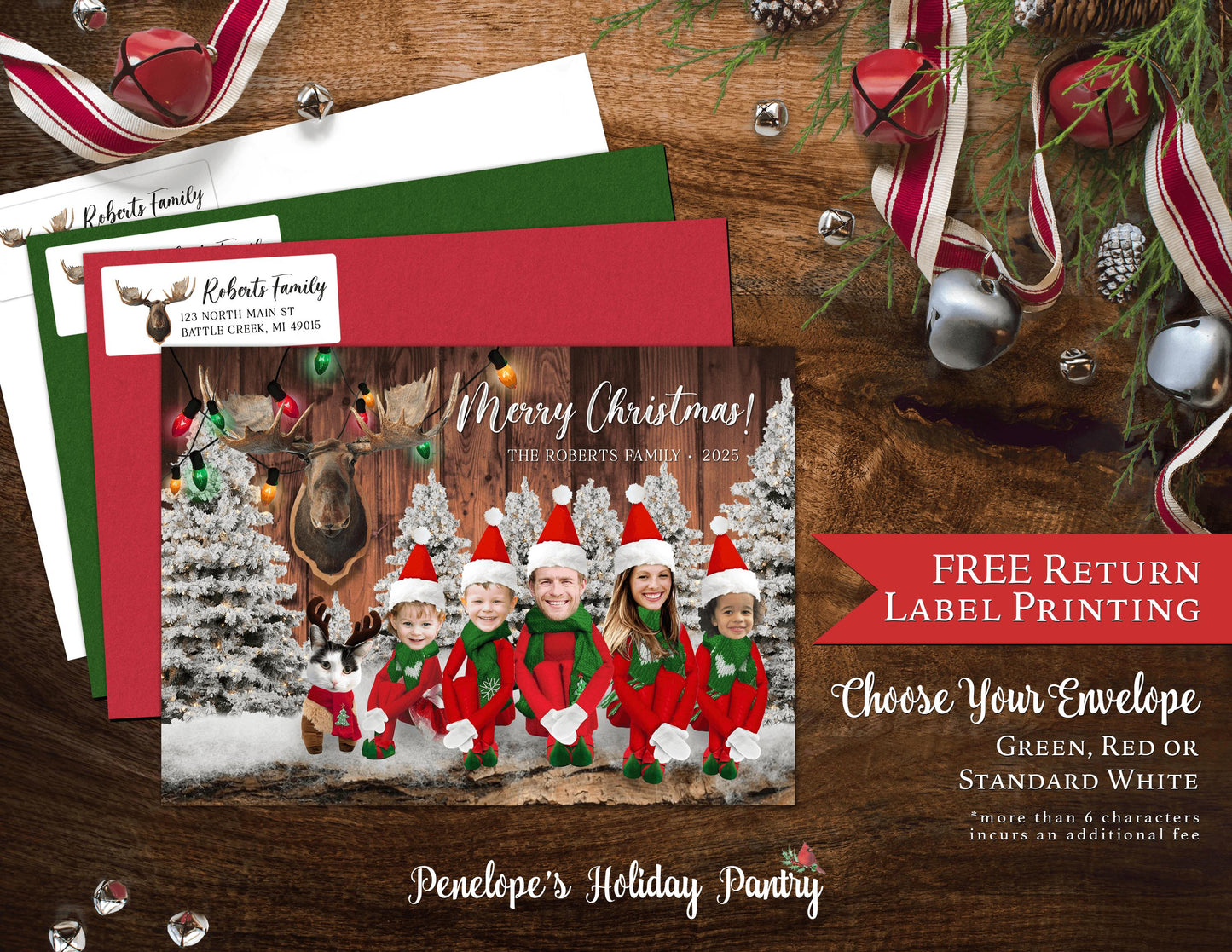 Personalized Funny Moose Lodge Christmas Family Photo Card with Barn Wood Design Envelopes