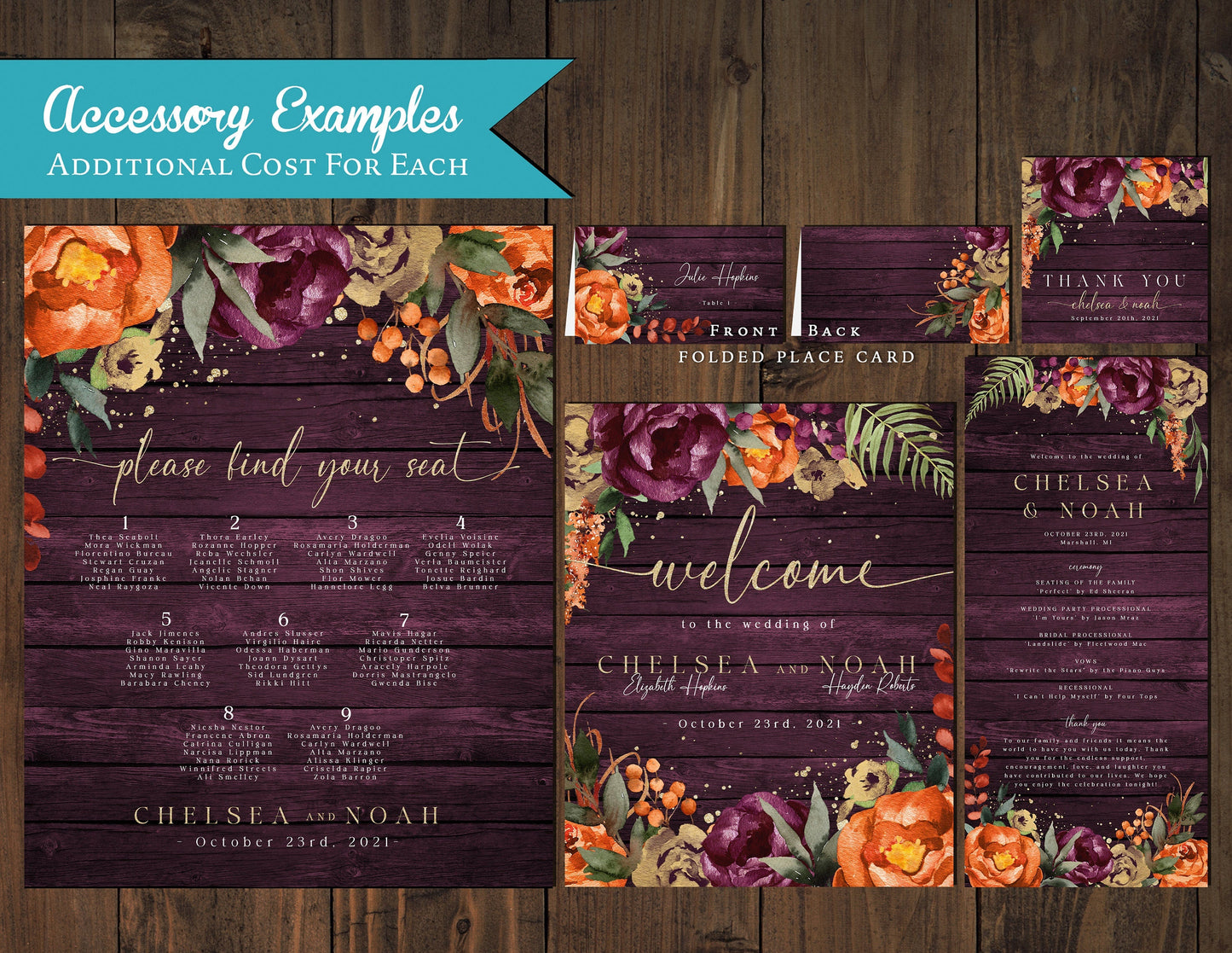 Rustic Purple & Orange Fall Wedding Invitation – Plum, Burnt Orange & Gold Print – Personalized Shimmery Printed Invitation with Envelope Included