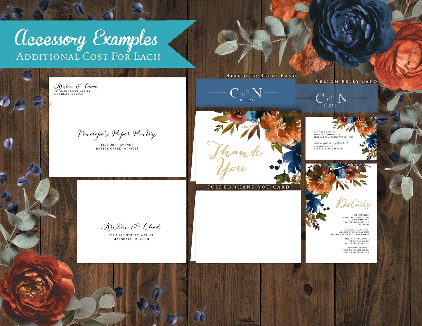 Elegant Fall Floral Wedding Invitation Personalized Turquoise Burnt Orange Gold Print Calligraphy Shimmery Custom Text Printed Invitations Envelopes Included