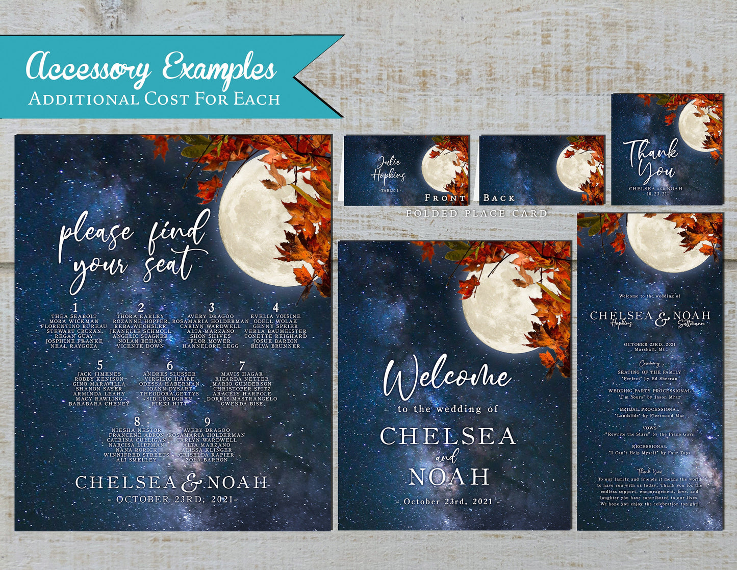 Rustic Full Moon Fall Wedding Invitation – Starry Sky, Autumn Leaves & Calligraphy – Personalized Printed Invitations with Envelopes Included