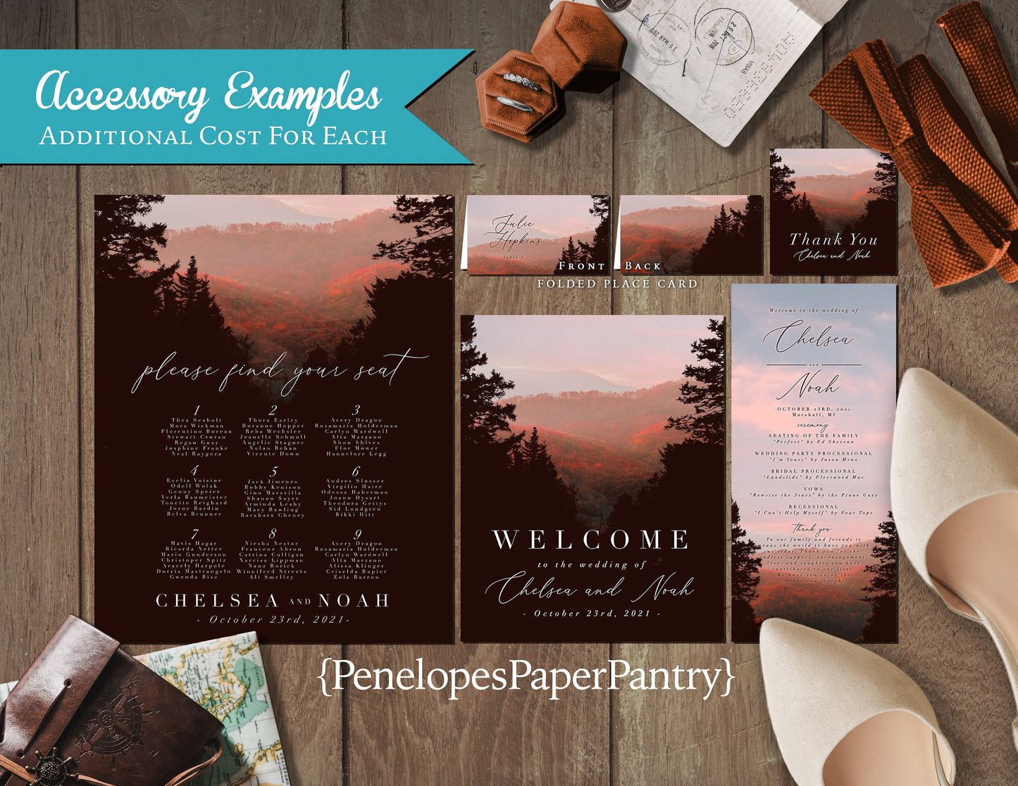 Romantic Mountain Wedding Invitation – Fall Forest & Pink Sunset – Personalized Printed Invite with Envelopes Included
