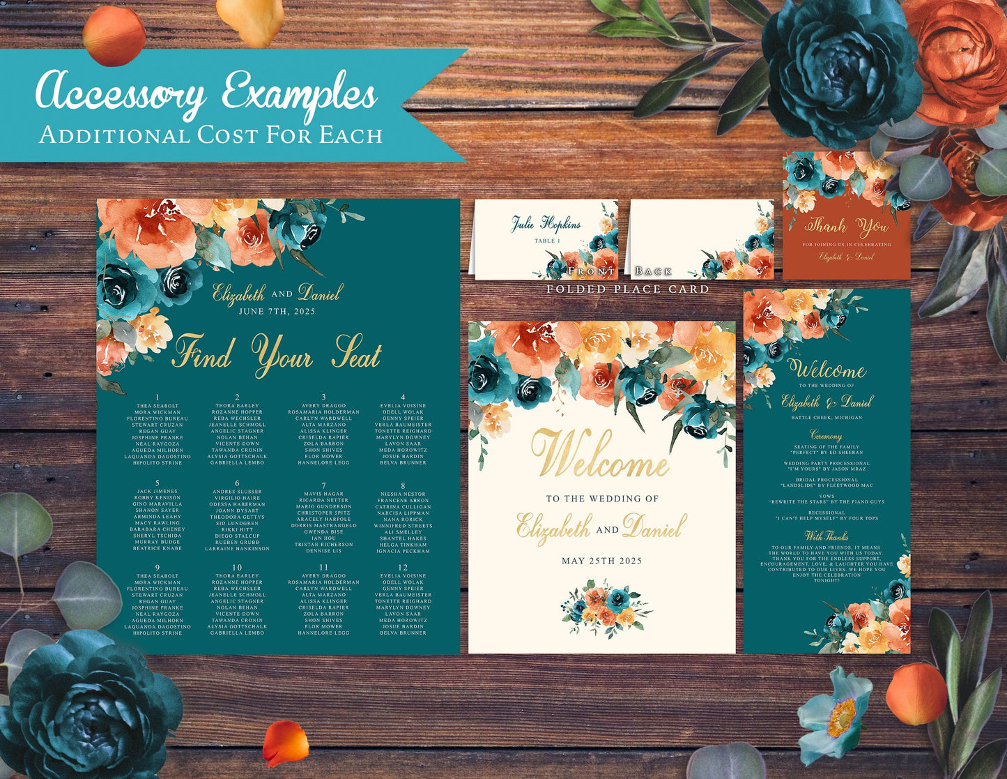 Teal Fall Wedding Invitation – Orange, Turquoise & Gold – Personalized Shimmery Floral Printed Invite with Envelopes Included