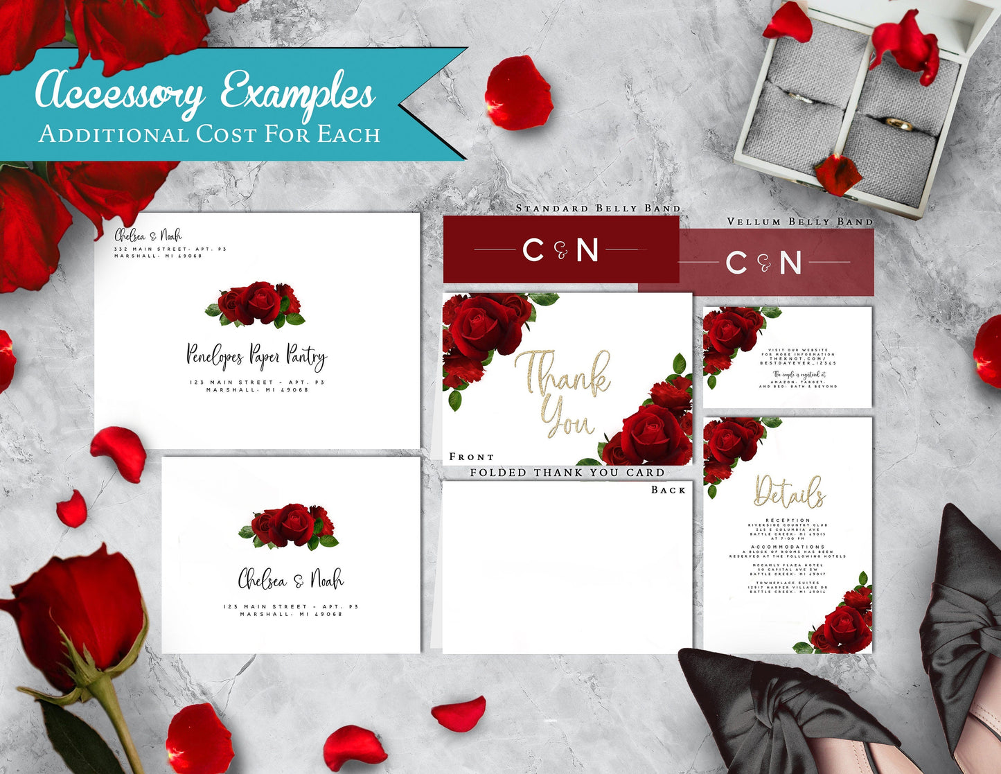 Elegant Red Rose Wedding Invitation – Gold Glitter Calligraphy, Shimmery Custom Printed with Envelopes Included