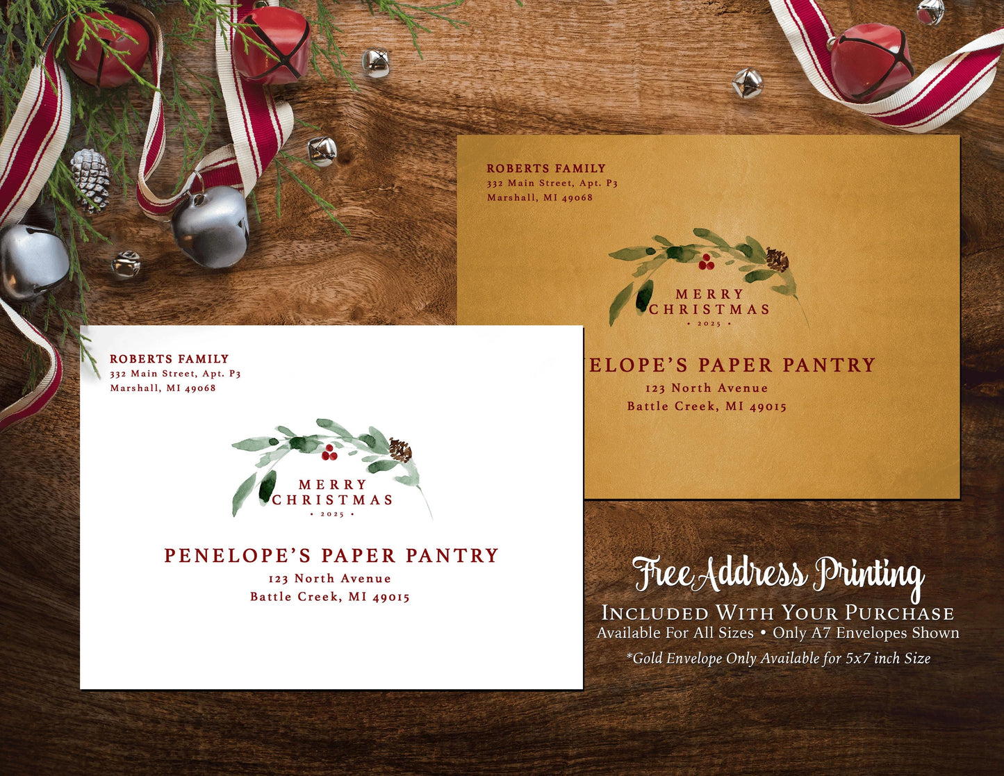 Unique Christmas Family Photo Card Personalized Arch Shape Red Green Mistletoe Custom Text Printed Card Envelope Included FREE Address Print