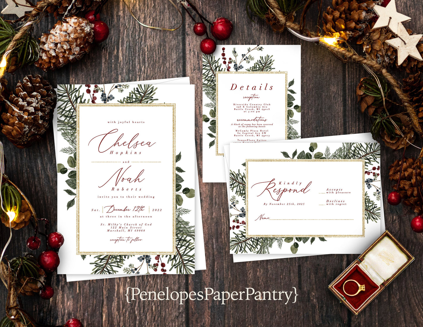 Elegant Winter Wedding Invitation – Green, Red & Gold Shimmery Calligraphy, Custom Text Printed with Envelopes Included