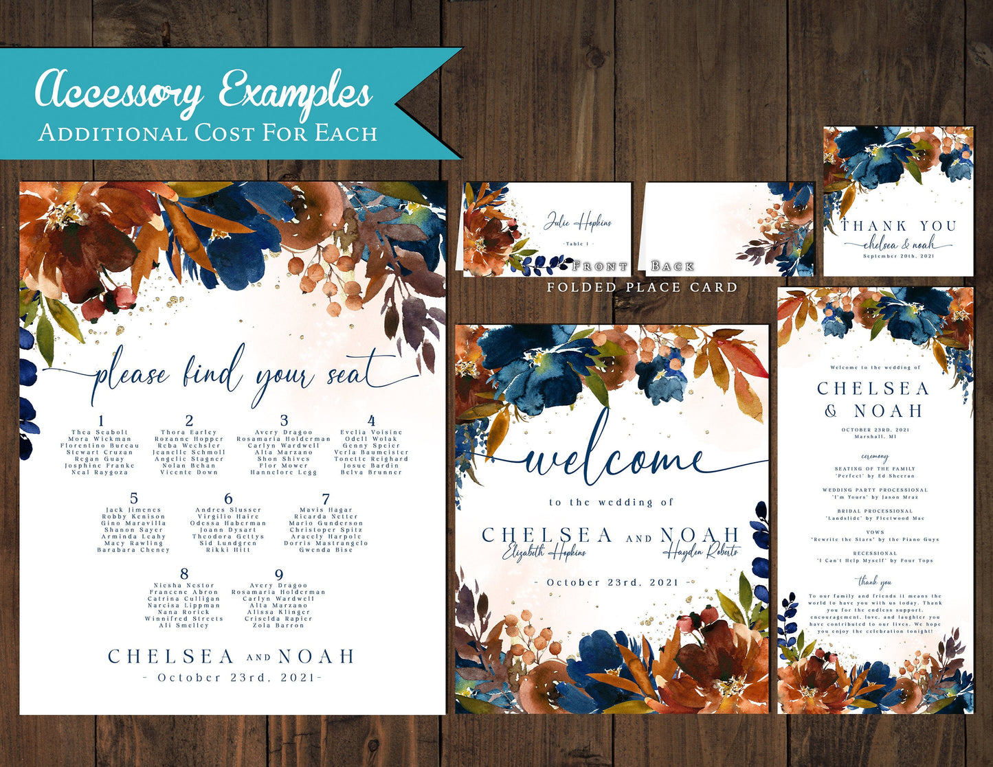 Elegant Fall Wedding Invitation – Dark Turquoise & Burnt Orange – Fall In Love Script, Personalized Printed Card with Envelopes