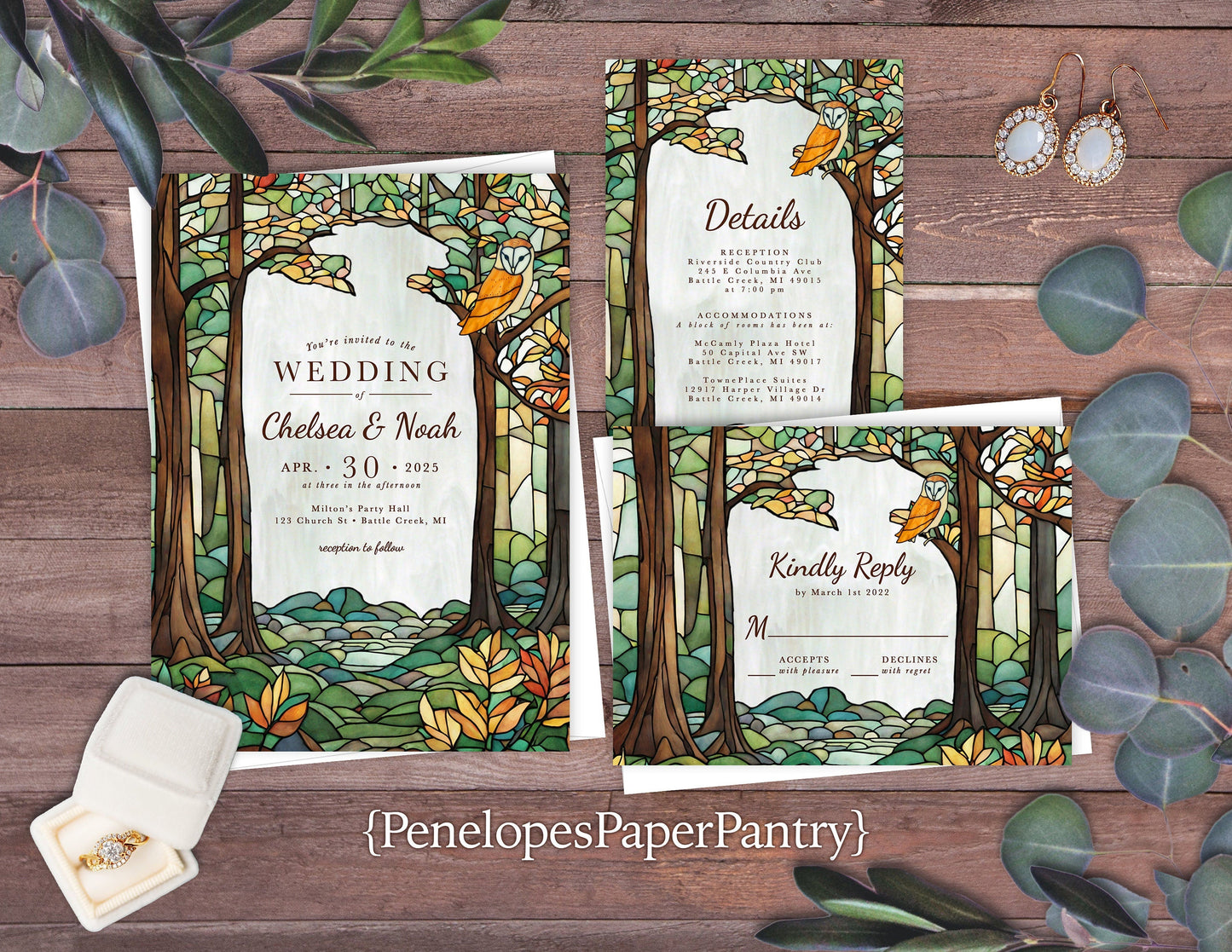 Rustic Woodland Stained Glass Acrylic Wedding Invitation Personalized Printed Acrylic Invite Woodland Owl Invite Forest Enclosure Envelopes
