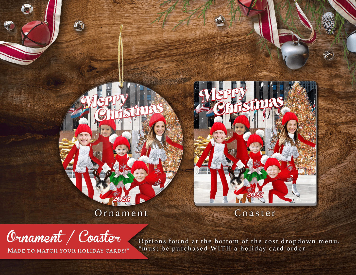 Funny Ice Skating Elves Christmas Photo Card Personalized Rockefeller Center New York City Printed Cards With Envelope Return Address Label