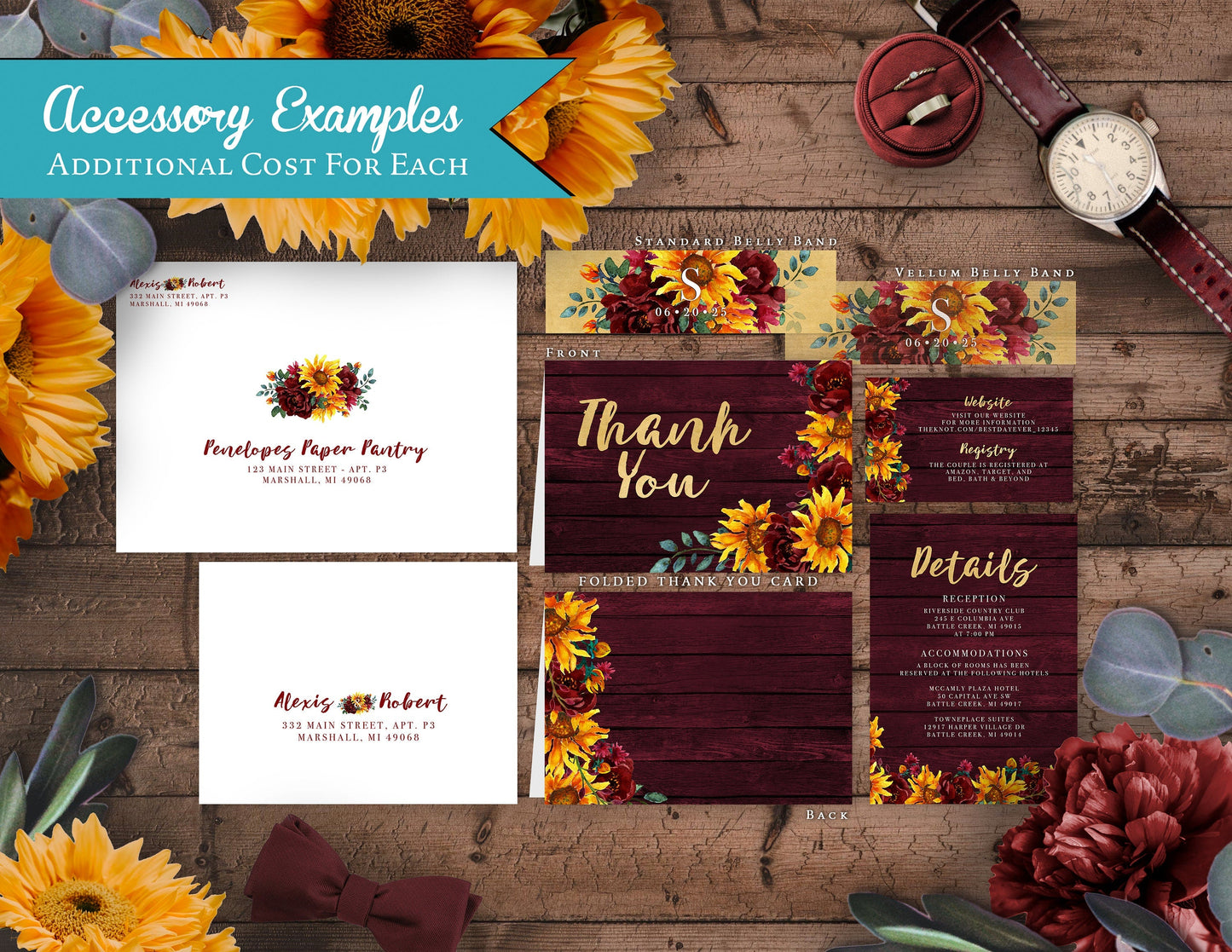 Rustic Sunflower Fall Wedding Invitation – Barn Wood, Burgundy Roses & Gold Calligraphy – Personalized Shimmery Printed Invitations with Envelopes