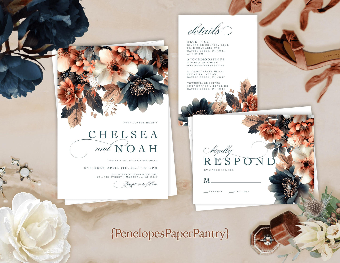 Elegant Fall Wedding Invitation – Burnt Orange, Teal & Terracotta – Simple Floral Printed Invite with Envelope