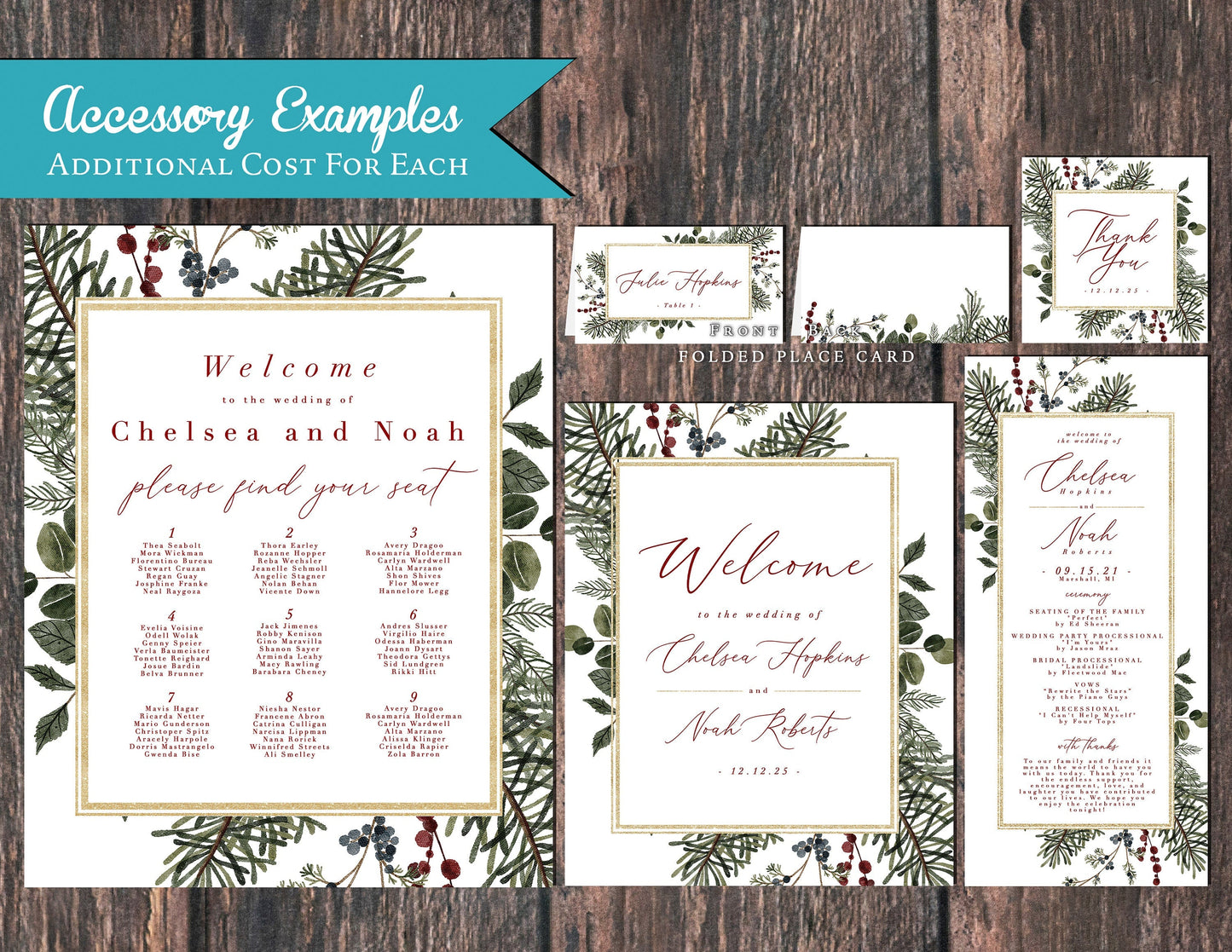 Elegant Winter Wedding Invitation – Green, Red & Gold Shimmery Calligraphy, Custom Text Printed with Envelopes Included