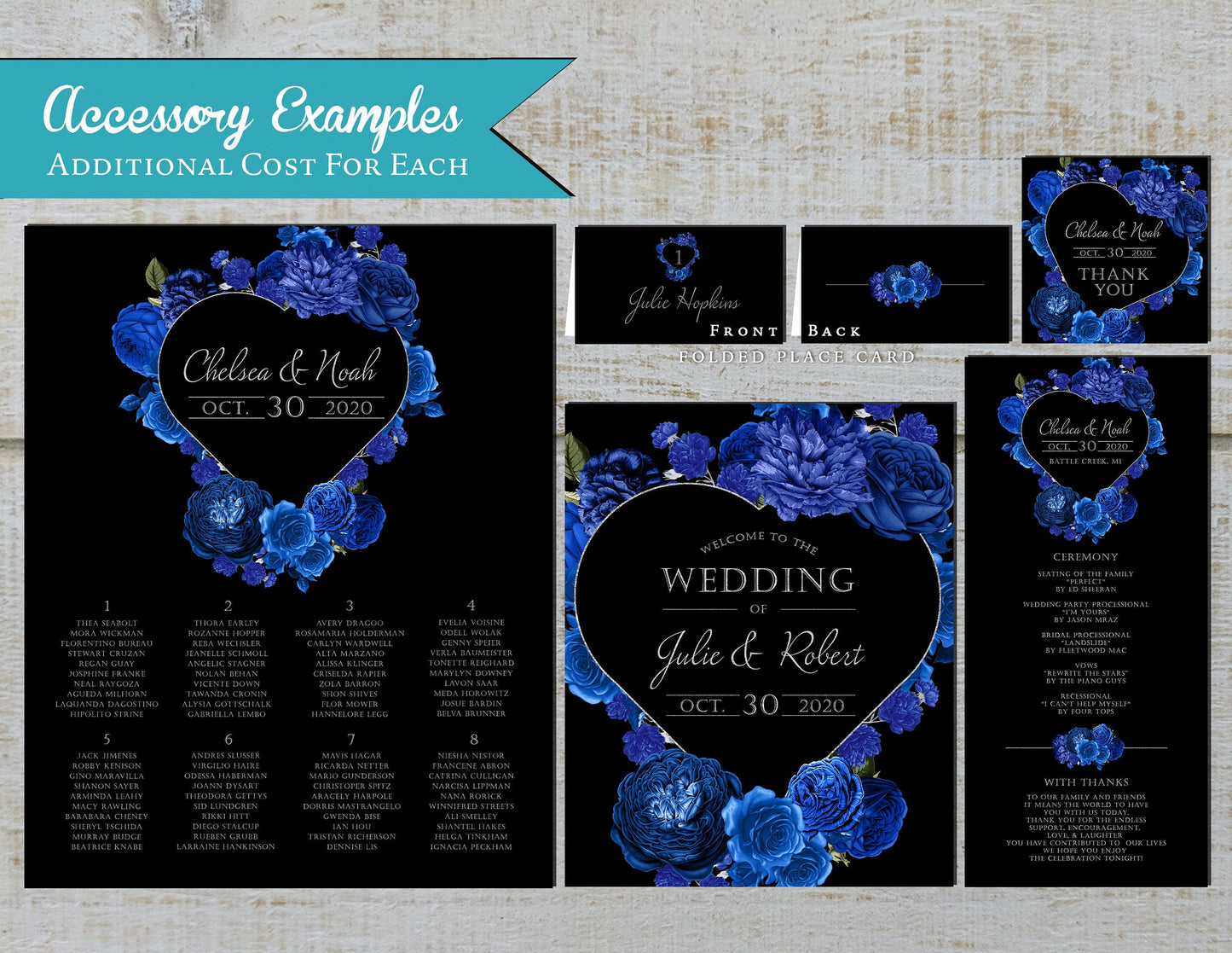 Elegant Royal Blue Rose Wedding Invitation Personalized Heart Wreath Royal Blue Black Silver Print Shimmery Printed Invitation With Envelope