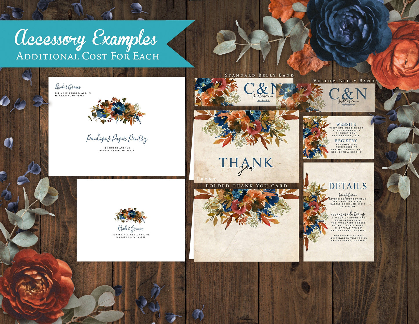 Rustic Fall Wedding Invitation – Turquoise & Burnt Orange Florals, Parchment Background – Personalized Printed Invitations with Envelopes & Optional RSVP