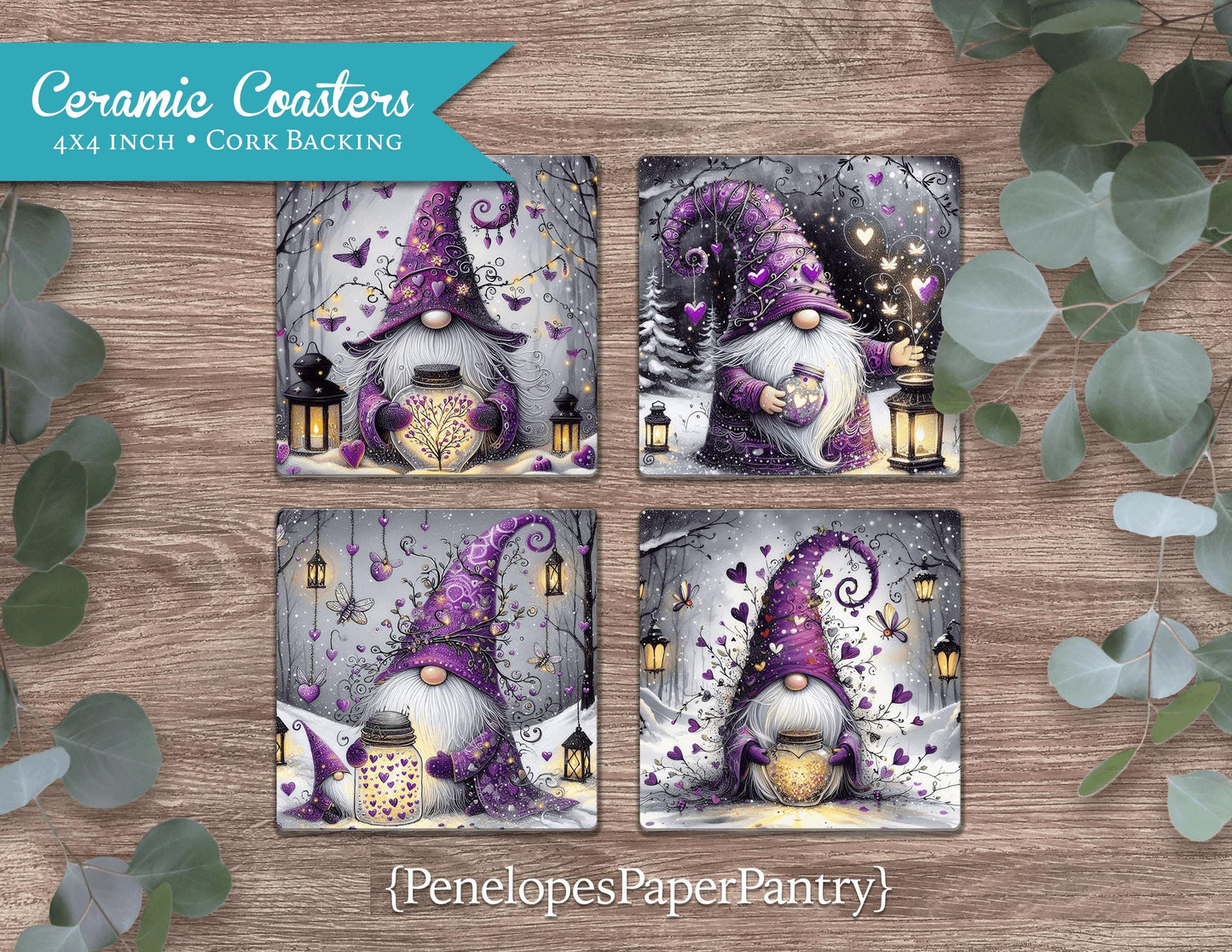 SnowMany Gnomes Set of 4 Ceramic Coasters with Cork Back