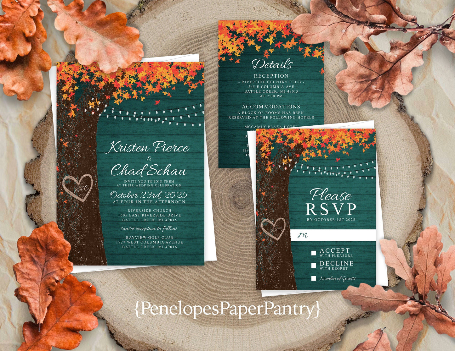 Rustic Teal Fall Wedding Invitation – Oak Tree, Burnt Orange Leaves & Barn Lights – Personalized Printed Invitations with Envelopes Included