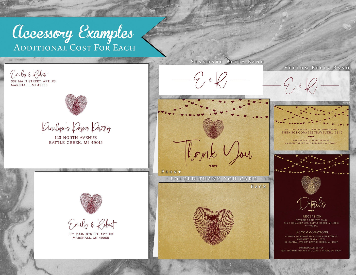 Burgundy Thumbprint Heart on Metallic Gold Paper Traditional Wedding Invitation, Sets, or Suite
