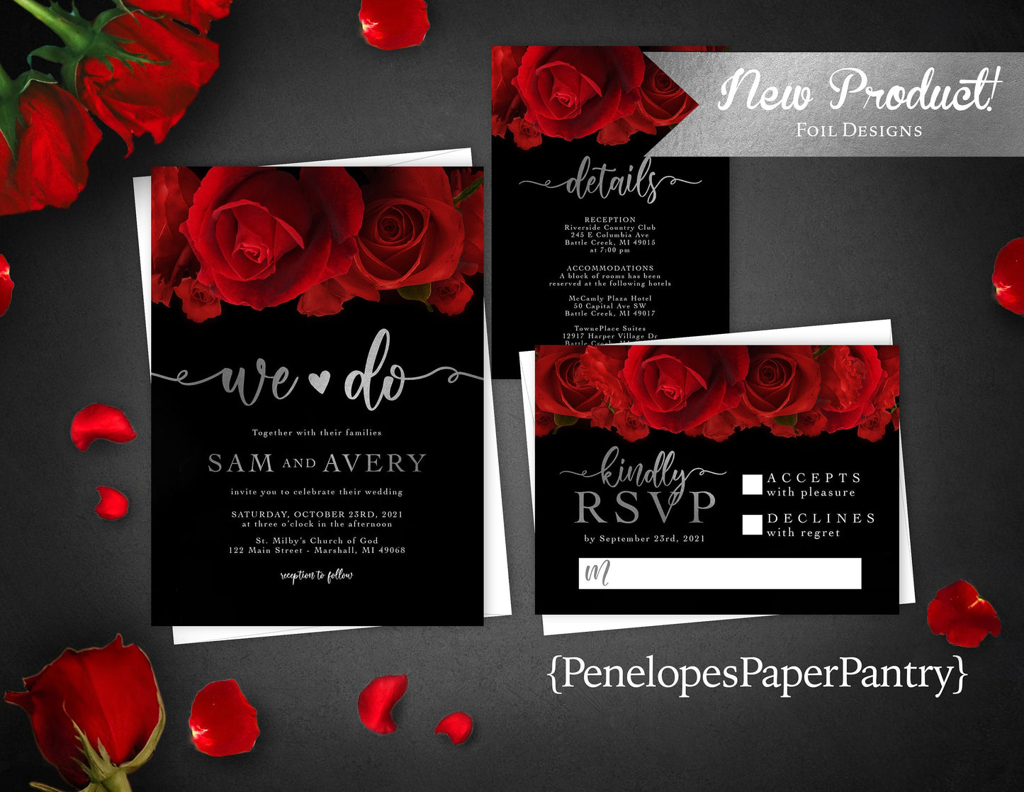 Elegant Red Rose Wedding Invitation – Black & Silver Foil Calligraphy, Chic & Timeless, Custom Printed with Envelopes Included