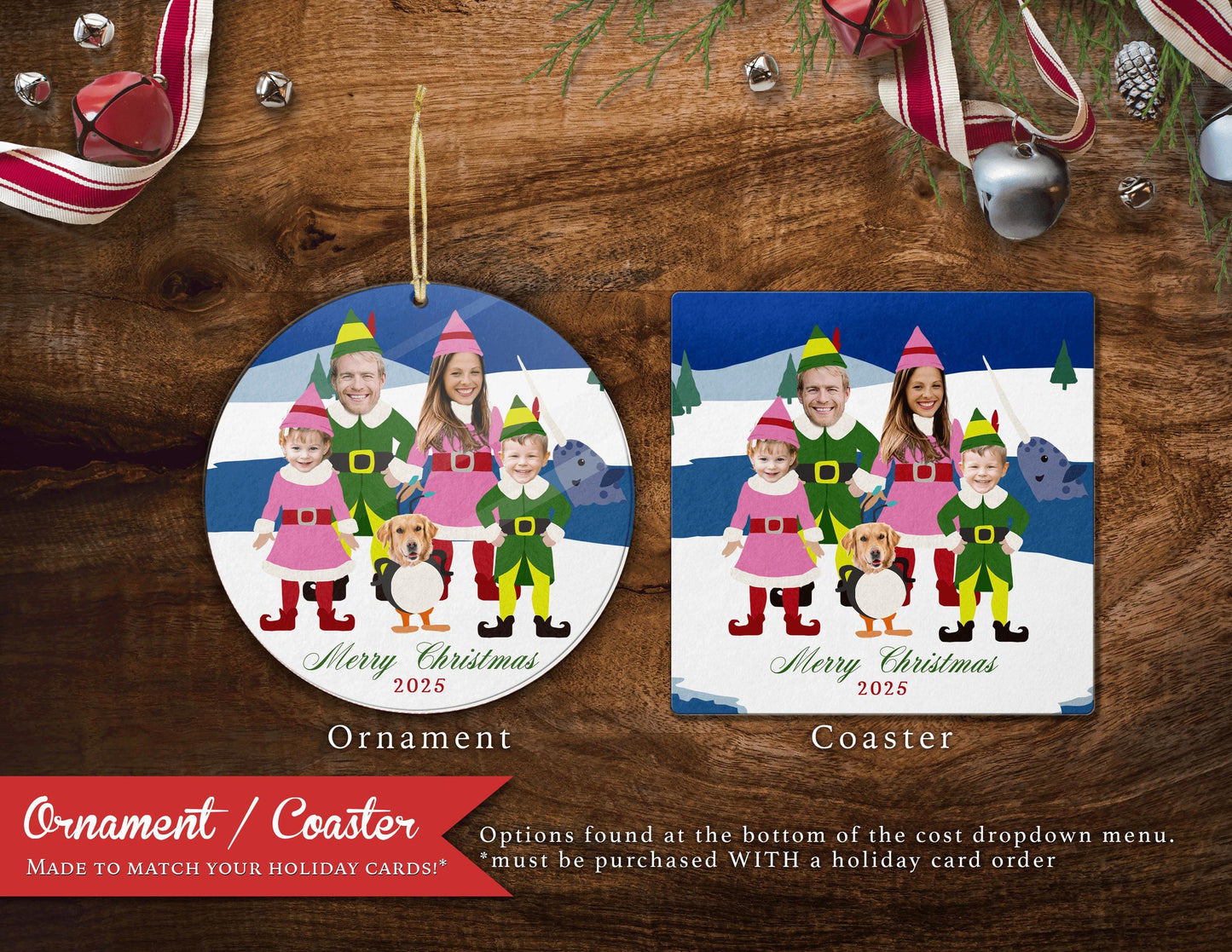 Funny Buddy The Elf Christmas Photo Card – Personalized Narwhal & Penguin Family Card – Custom Text, Printed with Envelopes & Return Address Labels